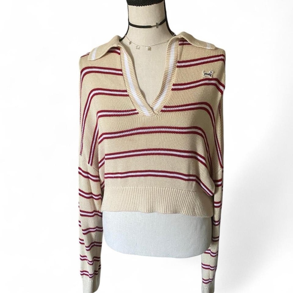 PINK Victoria's Secret Cream and Red V-Neck Sweater